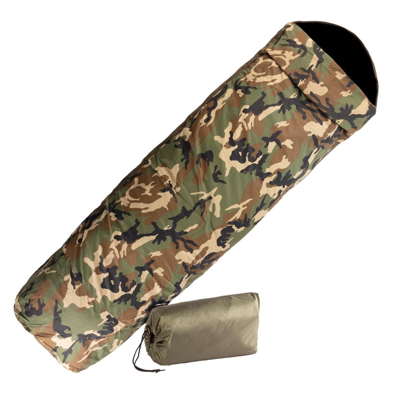 Mil-Tec Trilaminate Durable Waterproof Lightweight Breathable Tactical Outdoor Camping Hiking Generous Cut Sleeping Bag Cover with Zip Closure | Suitable for Various Sleeping Bags, Woodland Camo - Image 1